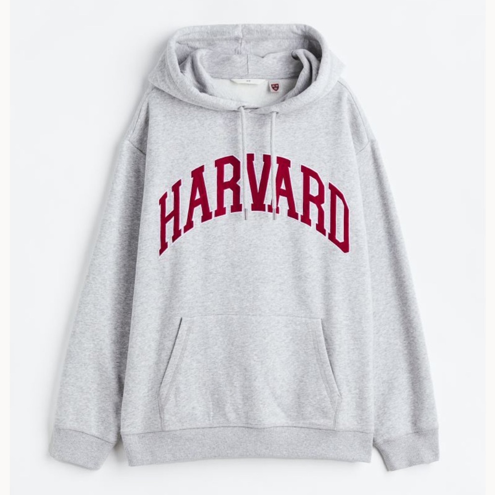 Grey Harvard hoodie with red velvet accents and kangaroo pouch